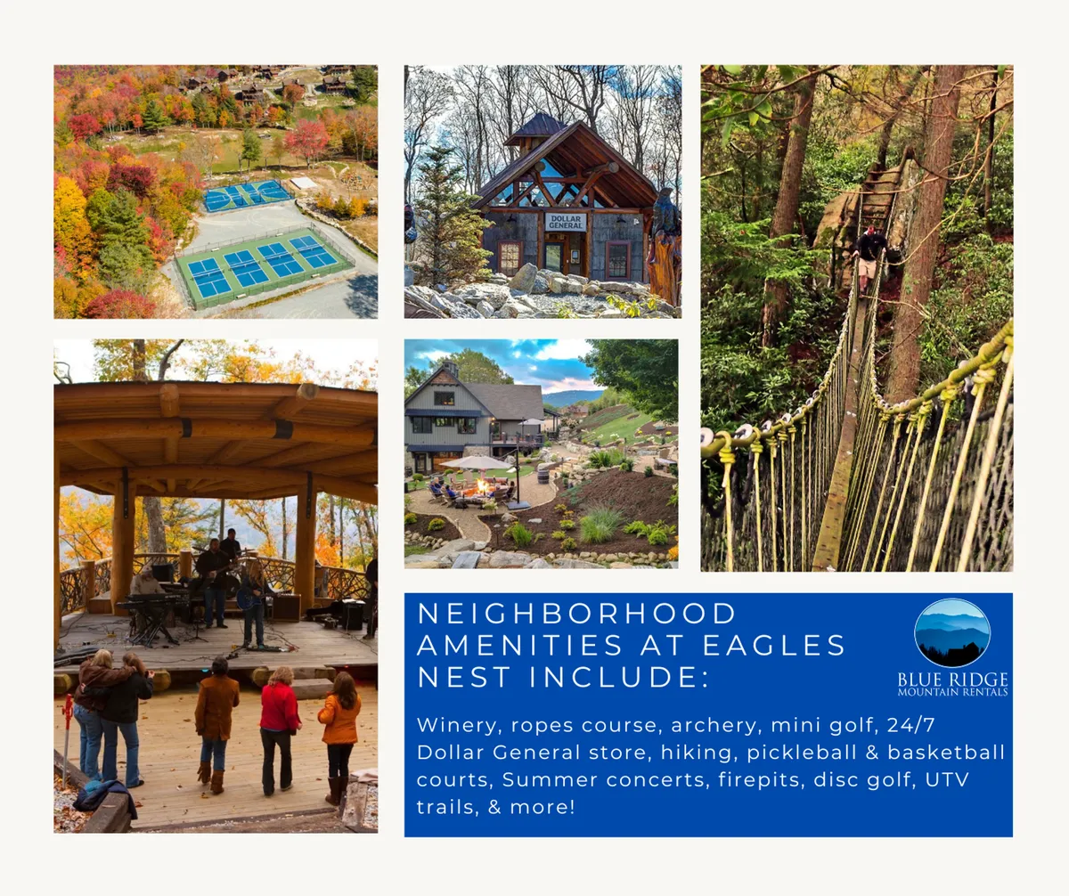 This vibrant exterior scene captures several community amenities, including a ropes course, archery range, mini golf course, outdoor concert stage, and community center, all surrounded by lush landscapes and inviting hiking trails. People are shown participating in various activities such as summer concerts, archery, mini golf, and enjoying fire pits, creating a joyful atmosphere of communal recreation.